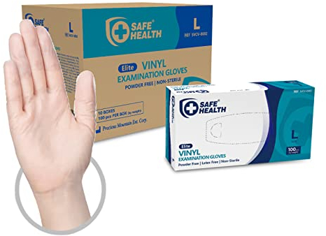 Safe Health Medizinische Vinylhandschuhe Einmalhandschuhe L Durchsichtig 1000 stück, Vinyl Sterile Handschuhe Reißfest Pulverfrei Latexfrei Schutzhandschuhe für Küche, Lebensmittel (Größe L,10x100)