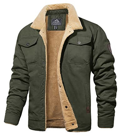 MAGCOMSEN Mens Casual Coats Trucker Jackets Thick Fleece Lining Winter Coats Outdoor Work Coats Cargo Jackets Fishing Coats Regular-Fit Comfy Jackets with Pockets, Army Green