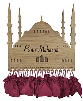 signodoo Echtholz Eid Mubarak Zuckerfest-Kalender inkl. 30 Geschenksäckchen - Eichenfurnier - Ramadan Countdown-Kalender - Für Kinder & Erwachsene - Holz - BxH 51,0 x 50,0 cm