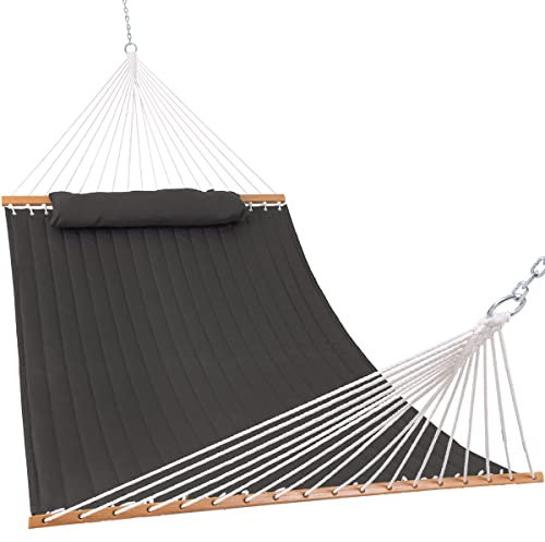 Lazy Daze Hammocks Doppelt gesteppte Stoff-Hängematte mit Spreizstange und abnehmbarem Kissen, 3,6 m, für 2 Personen, Doppelbett für draußen, Terrasse, Pool, Hinterhof, Strand, 204 kg Kapazität, Grau
