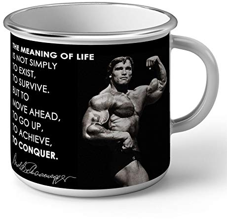 French Unicorn Arnold Schwarzenegger Emaille-Tasse, Metall, inspirierendes Zitat The Meaning of Life Englisch