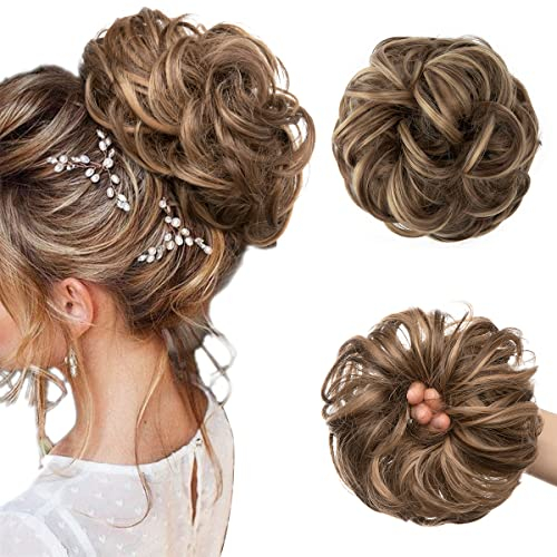 JJstar Haarteil Mit Gummiband, Groß Dutt Haarteil Gelockt Haargummi Mit Haaren Hochsteckfrisuren Haarverlängerung Messy Bun Haarteile für Damen Mädchen Pferdeschwanz (Brünett& Honigblond)
