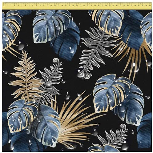 DreamRoots Segeltuch Wasserdicht - Polsterstoff Meterware 160 cm breit - Wasserabweisender Stoff 220 g/m2 600D - Markisenstoff Wasserdicht Meterware Blue and Gold Tropical Laufmeter