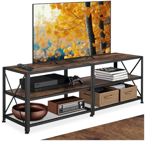 tectake® TV Unit with 3 Open Shelves, Modern Console Table with Industrial Steel Frame & Wood-Look Shelves, Low Sideboard for Living Room, Hallway & Bedroom, 141 x 41.5 x 50.5 cm - Dark Wood