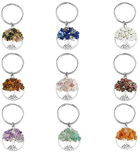 SUPERFINDINGS 36 Stück 9 Stile Baum Des Lebens Schlüsselanhänger Natürlicher Kristallstein Handgemachter DIY Schlüsselanhänger Charm Anhänger Edelstein Schlüsselanhänger Charm
