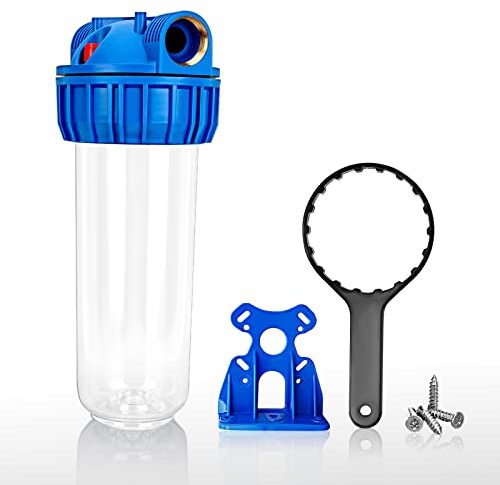 Lafiucy 10 Zoll transparentes Standard-Wasserfiltergehäuse, 1 Einlass/Auslass Messinganschluss, Halterung, 4 Schrauben, Schlüssel