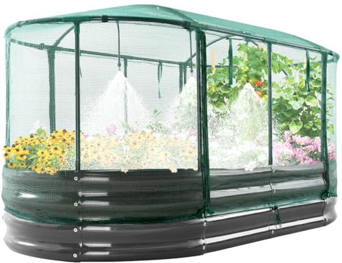 Quictent Galvanized Raised Garden Bed Kit with Self Watering System and Mesh Cover, Large Oval Metal Outdoor Planter Garden Boxes for Vegetables Herbs Flowers, 6x3x1Ft