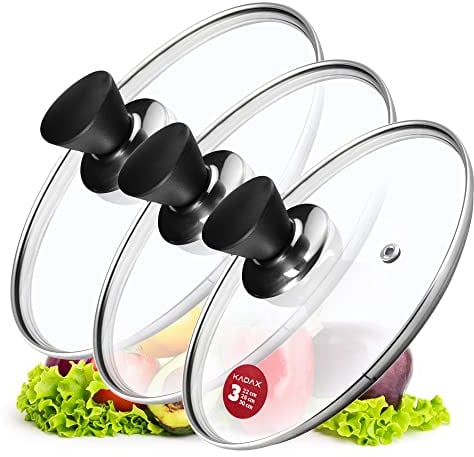 KADAX Set di coperchi universali in vetro con maniglia, set di coperchi resistenti al calore in diverse misure, coperchio in vetro per pentola, padella (22 + 26 + 30 cm, manico nero opaco)