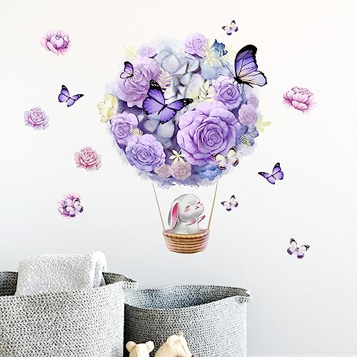HGDESIGN® Wandtattoo Wandaufkleber Blumen Ballon Hase Lila Kinderzimmer Babyzimmer Kind Baby Mädchen Wandsticker Wandbild Wanddeko (A)