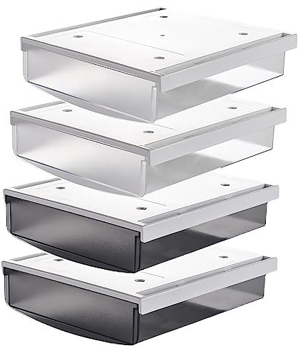 TUKA 4X 1,7L Unterschreibtisch-Schubladen 21x18x5,4cm, Selbstklebende Schubladen, Versteckte Unterbauschublade unter Schreibtisch, Utensilien Stiftebox 4er Set in Matte Schwarz + Transparent TKD8608