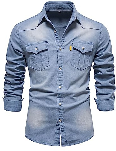Skrsila Camicia in Denim Uomo Maniche Lunghe Business Casual Shirt in Jeans Uomo Camicia