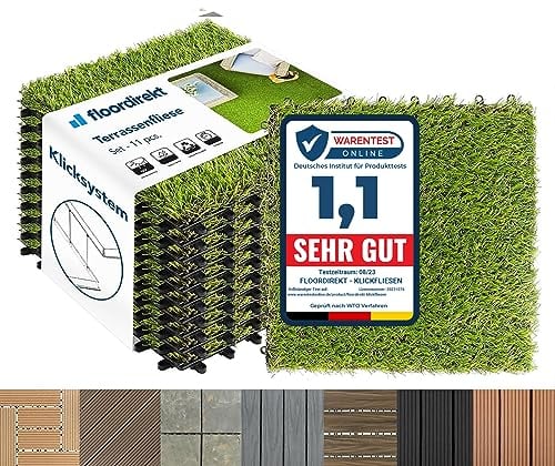 Floordirekt Piastrelle per prato Erba sintetica giardino 30x30 cm, 1 m² 11 pezzi, per terrazze e balconi - Rivestimento per pavimenti - Resistente alle intemperie con funzione di drenaggio | Grass