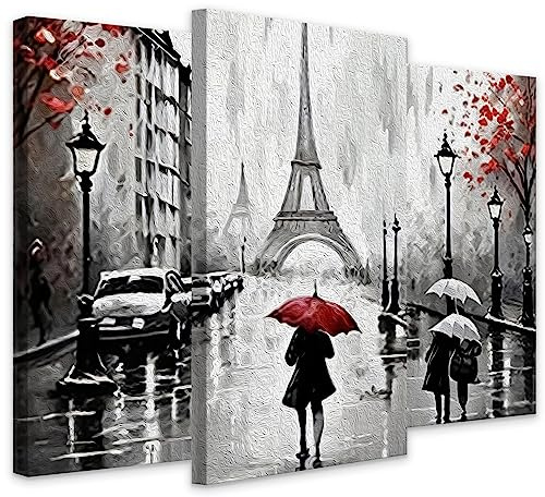 Muralo - Wandbilder Set - Leinwand Bilder Set Aufhängefertig - 3 Bilder für Wohnzimmer Schlafzimmer - Moderne Wanddeko - Paris Straße Menschen mit Schirm 50 cm x 100 cm
