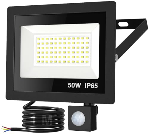 kolpop Led Strahler mit Bewegungsmelder Außen, 50W 4500LM Led Fluter mit Bewegungsmelder 6500K Kaltweiß Superhell Scheinwerfer IP65 Wasserdicht Aussenstrahler mit Bewegungsmelder für Garten, Garage