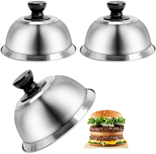 Tomtary 3Pcs Burger Cloche Burger Covers Small Cheese Melting Bell Dome Stainless Steel 16 x 10cm Steak Cover Dome with Anti-Scald Handle to Melt Food Patties Grilling Barbecue