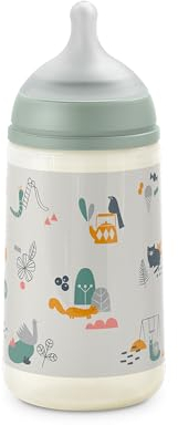 Suavinex, Flasche 270 ml, Flasche mit symmetrischem Sauger SX Pro aus Silikon mit mittlerem Durchfluss (M). Mit Anti-Colik-Ventil. Ultradünnes, ultraweiches Silikon. Für Babys, ab 3 Monaten. Walk Grün