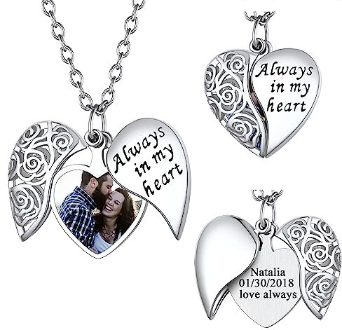 FindChic Damen Herz Engelsflügel Medaillon mit Gravur Personalisierte Medaillon zum Öffnen Kupfer Foto Kette Locket Necklace, Silber, 50+5cm, Geschenke für Weihnachten Geburtstag