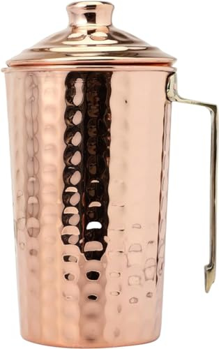 Carafe à eau en cuivre pur de 1,5 l avec poignée et couvercle en laiton | Pichet martelé fabriqué à la main pour des bienfaits ayurvédiques pour la santé | Respectueux de l'environnement, sans BPA