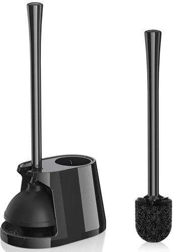 Toilet Plunger and Brush Set, Bowl Brush and Heavy Duty Toilet Plunger with Ventilated Holder, 2-in-1 Toilet Brush and Plunger Combo for Bathroom Deeply Cleaning(Black)