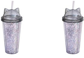 Leisurealeaneag Lot de 2 gobelets à paillettes à double paroi avec paille et couvercle Noir 20,5 x 9,5 x 9,5 cm