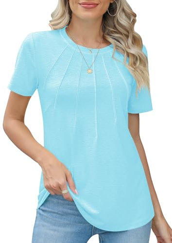 Rapbin Womens Short Sleeve Tee Shirts Casual Crew Neck Sunlight Pleated Tops Fashion Dressy Blouses,Sky Blue,L
