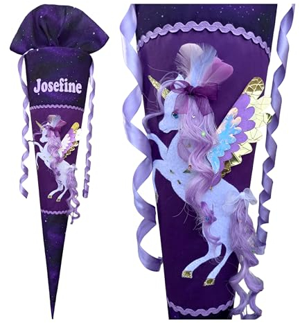 Purple Sky Schultüte mit 3d Einhorn für Mädchen/passend zum Bärgasus/Dreamy Pegasus/Horse Club Andalusier, Wunschname