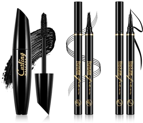 Boobeen 3 in 1 Augen-Makeup-Set mit flüssigem Eyeliner-Stift, Microblading-Augenbrauenstift und Volumen-Mascara für Wimpern, wasserfest und langanhaltend