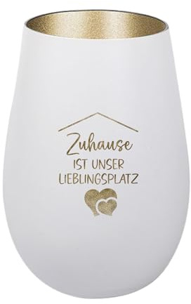 Der-Porzellan-Laden Windlicht mit Gravur Weiß Gold Teelichthalter aus Glas | Zuhause ist unser Lieblingsplatz, Tischdeko modern