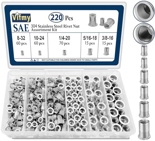 Vifmy SAE Nietmuttern-Sortiment (220 Stück): #8-32#10-24 1/4-20 5/16-18 3/8-16 Flachkopf-Nietmuttern aus Edelstahl 304 mit Gewindeeinsatz