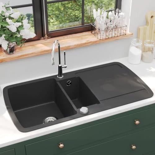 Évier de Cuisine à 2 Bacs, Lavabo de Cuisine 2 Cuves Évier de cuisine en granit Double bac Noir