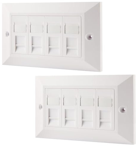 rhinocables CAT5e Ethernet Faceplate | Double 2 & Quad 4 RJ45 Gang Wall Sockets | Simple CAT 5 Setup for Printers, VoIP, Phones & More | Network Expansion for Home or Business (4 Port,Pack of 2)