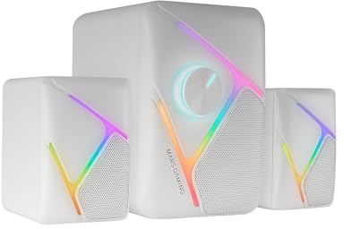 Mars Gaming MS-H21, Altavoces Gaming RGB 2.1 y Subwoofer 35W, Sistema Drivers Invertidos 3D Surround, Altavoces Compactos con Iluminación Dinámica RGB, Alimentación USB y Conector Jack 3.5mm, Blanco