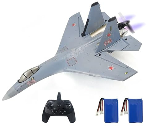 WANZRXX RC Airplane for Adult SU35 Jet 4CH Remote Control Plane RTF Tail Motor Aircraft 3D / 6G Stunt Function Fixed Wing Glider Brushless Motor Simulation Fighter Beginners 2 Batteries (Gray)