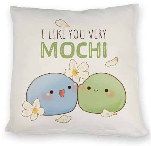 speecheese Mochi Freunde Kissen mit Spruch I Like You Very Mochi Kawaii Manga Design aus Japan Japanisch inspiriert mit Kirschblüte Sakura Perfekt für Freundschaftsgeschenke