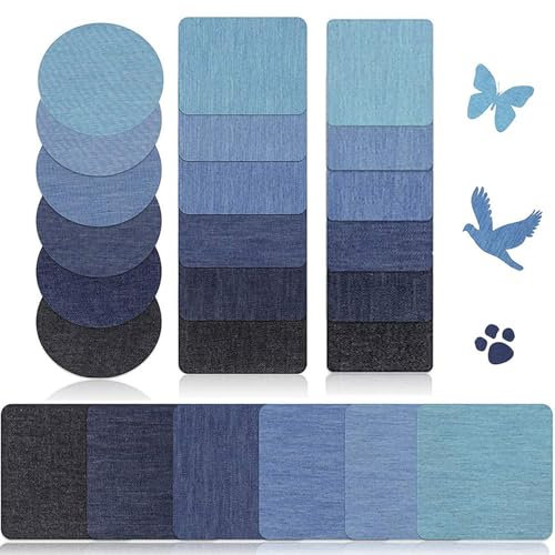 24 Stück Flicken zum Aufbügeln, Aufbügelflicken Jeans Bügelflicken Blau Repair Patches Denim Reparaturflicken Flicken Baumwolle Innen