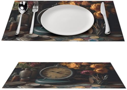 2-teiliges Platzdeckchen-Set, Uhr auf Tisch, gewebte Tischsets für Esstisch, hitzebeständig, rutschfest, waschbar, PVC-Tischmatten für Zuhause, Küche, Hochzeiten, Urlaub, Party-Dekoration