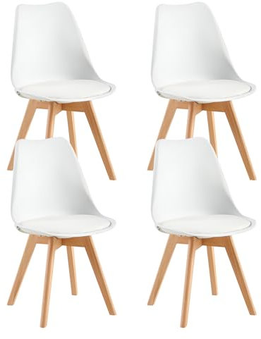 FaithBay Juego de 4 Sillas de Comedor de Plástico con Certificación Medioambiental, Sillas Nórdicas Estables y Duraderas con Patas de Haya Protegidas Cocinas Oficina - Blanco