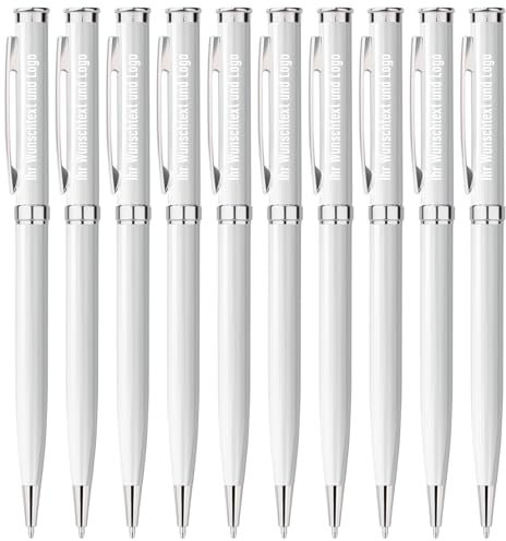 Gravurmaster 10er-Set Kugelschreiber Personalisiert,Dre-Kugelschreiber mit Gravur von Logo & Text,Hochwertige Weiß Metall-Kulis für Business,Unternehmen,Werbeartikel,Events,Schule,Büro,Blau Tinte