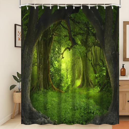 Xiaoterna Frühling Duschvorhang Zauberwald Duschvorhang Mysteriöse Naturlandschaft Badvorhang Fantasie Dschungel Baum Grün Pflanze Duschvorhang Maschinenwaschbar Wasserdichter Stoff 120x200cm