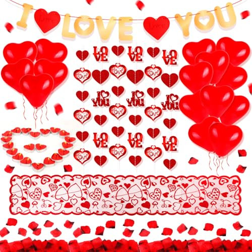 HOWAF 78 Packs Valentine’s Day Party Decoration Kit with Red Heart Garland Banner I Love You Glitter Banner Love Hearts Table Runner Red Rose Flower Petals Heart Candles Balloons for Valentines Decor