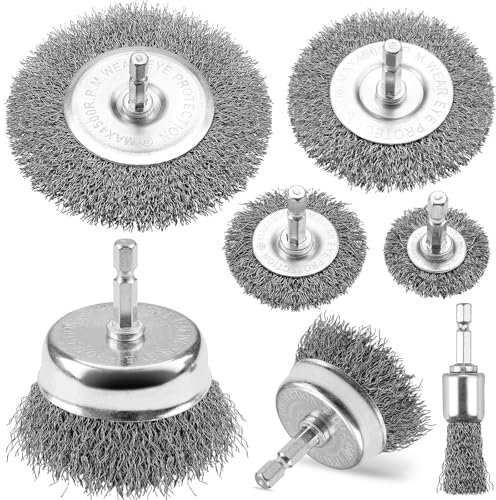 SI FANG Spazzola metallica per trapano, set di 7 spazzole a tazza in filo metallico, in acciaio al carbonio grezzo, con gambo esagonale da 6 mm, per la pulizia della vernice della rimozione della