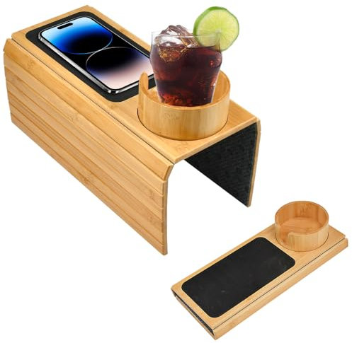 KYYGKY Bandeja para Sofa, Organizador de Reposabrazos para Sofa de Bambú con Soporte para Tazas, Bandeja para Brazo de Sofa Plegable Antideslizante, Flexible Bandeja Portavasos para Sofa 41,5*33,5cm