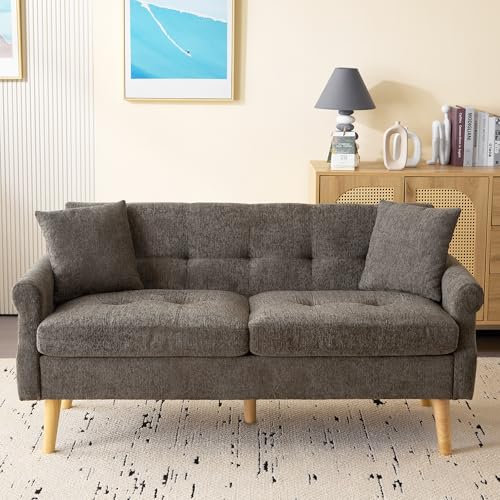 Merax Sofa 2 Sitzer, 2er Sofa mit 2 Kissen, Kleine Stoffcouch Küchensofa mit Armlehne, Mini Sofa Gepolsterte Couch Loveseat, für Wohnzimmer/Wohnung/Büro, Chenille-Stoff, 162x74x77CM/Braun