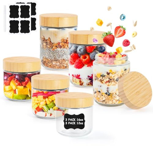 Vikcvcsc 6 Overnight Oats Jars,350ml+450ml Bocaux en Verre Hermétique Pot Yaourt Avoine en Verre avec Couvercle,Boîte de Préparation des Repas à Yaourt Overnight Oats,Mason Jar pour la Yaourt,Salades