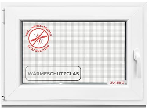 GLASSO Fenster 95x45 cm 3-fach Verglasung - Kunststofffenster 76mm Profil -Din Links-BxH: 950x450mm- Ideal für alle Wohnbereiche | Gartenhaus | Garagenfenster | Kellerfenster Dreh-Kipp-Funktion