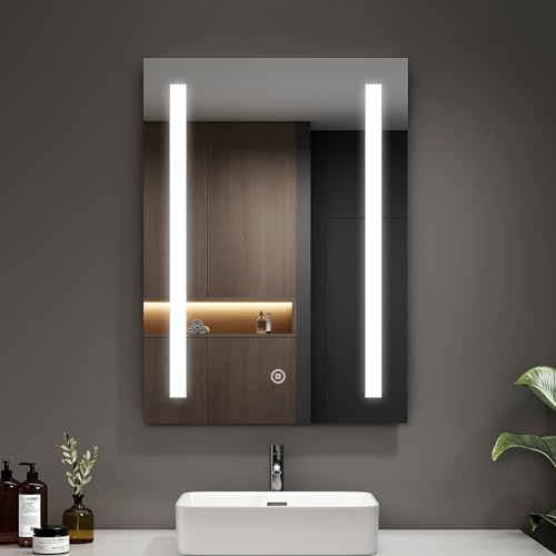 EMKE 500 × 700mm LED Bathroom Mirror, Anti-Fog, Shaver Socket | Dimmable LED lighting with touch controls, horizontal or vertical installation and a built-in shaver socket.