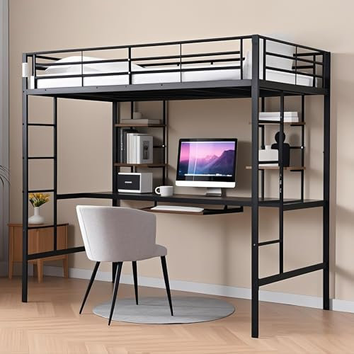 SANEIOUI Etagenbett Erwachsene Doppelstockbett Hochbett 90x200cm mit mit Schreibtisch und Zwei Regal, Hochbetten Metallbett mit Anti Rutsch Treppe, Schwarz (C)