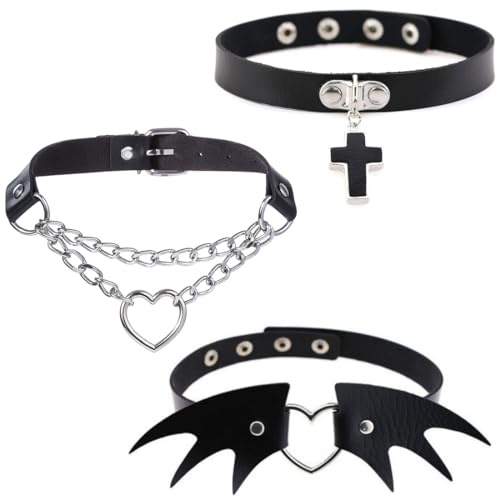 KUMSODE 3 Stück Leder Choker Damen Herz Anhänger Choker Einstellbar PU Leder Halskette Set Metall Ring Halsband Schwarz Punk Rock Gothic Halsband Kragen mit Kreis Herz für Frauen Zubehör