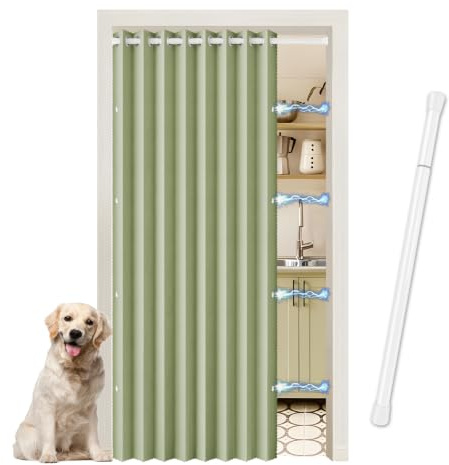 JCyh Vorhang Tür mit Teleskopstange ohne Bohren, Verdunkelung Akkordeon-Tür für Wohnzimmer, Türvorhang 195 cm hoch für Küche/Umkleidekabine/Schrank, Stange Weiß 70-128CM
