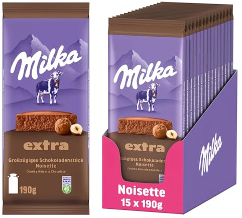Milka Extra Noisette – Alpenmilch Schokoladentafel mit zart-cremiger Haselnussfüllung – 15 x 190 g